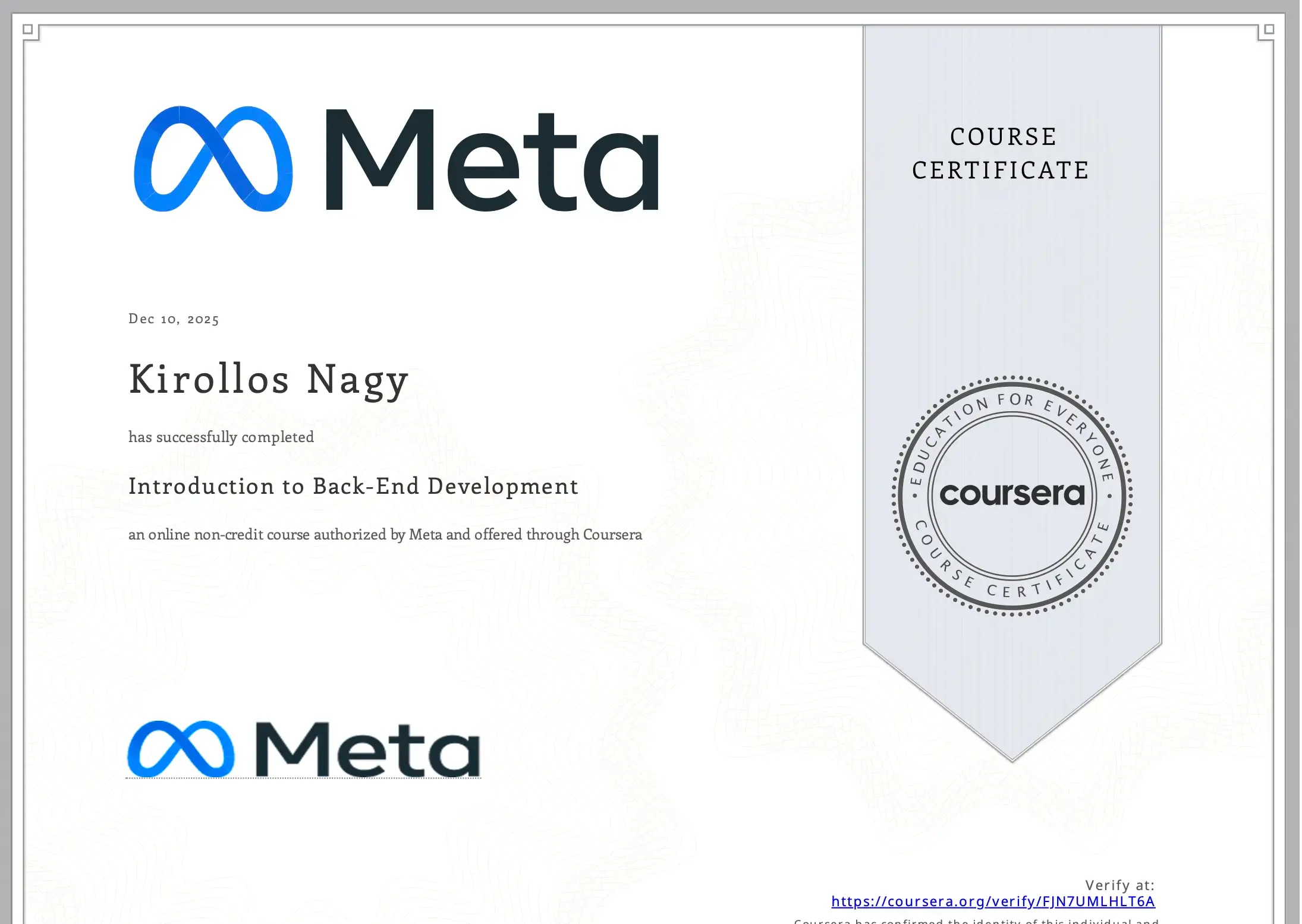 Kiro Nagy - Back-End Development - Professional certificate